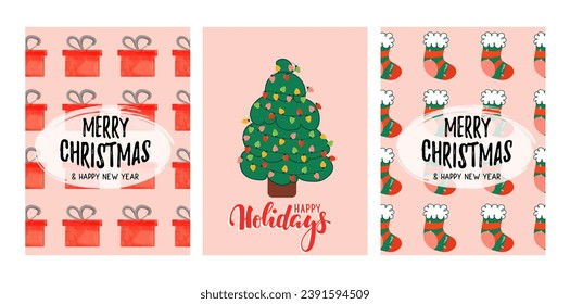 Merry Christmas and Happy New Year posters in retro groovy hippie 70s style. Vector backgrounds set. Good vibes funny cartoon elements. Cartoon flat style Trendy new year 2024 design.