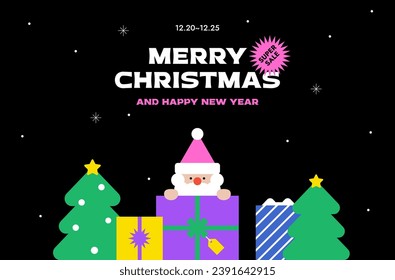 Merry Christmas, Happy New Year. Pile gift box, Cute Santa Claus. Holiday web banner, Copy space, Poster, Flyer, Stylish vivid cover. Xmas colorful background. Trendy style vector flat illustration.