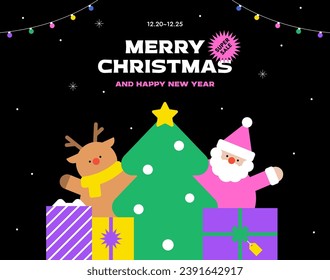 Merry Christmas, Happy New Year. Pile gift box, Cute Santa Claus, Rudolph. Web banner, Copy space, Poster, Flyer, Stylish vivid cover. Xmas colorful background. Trendy style vector flat illustration.