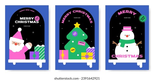 Merry Christmas, Happy New Year. Pile gift box, Cute Santa Claus, Tree, Snowman. Web banner, Copy space, Poster, Flyer, Stylish vivid color. Xmas colorful background. Trendy vector flat illustration.