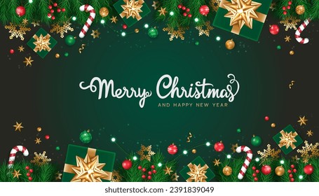 Merry Christmas and happy new year on green background. Christmas letters, Gift boxes, Christmas balls. Christmas element for web, banners, greeting card, template design. Vector EPS10.