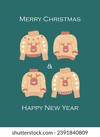 Merry Christmas and Happy New Year. Postcard on a green background with yellow warm sweaters