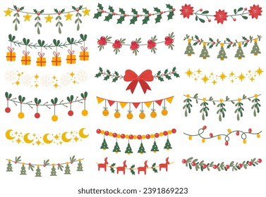 Merry Christmas and Happy New Year winter holidays decorations and garlands vector illustration. Creative Xmas ornaments, traditional seasonal decor, festive tinsel repeating border isolated set