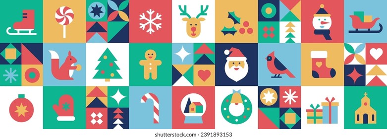 Merry Christmas and Happy New Year horizontal banner.Set of vector icons in abstract modern geometric flat style.Bauhaus design.Seamless pattern. Winter holidays.Seasons greetings.