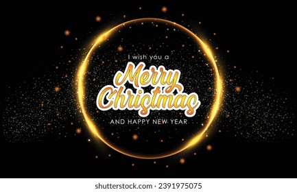 Merry Christmas and happy new year illustration golden ring isolated over black.