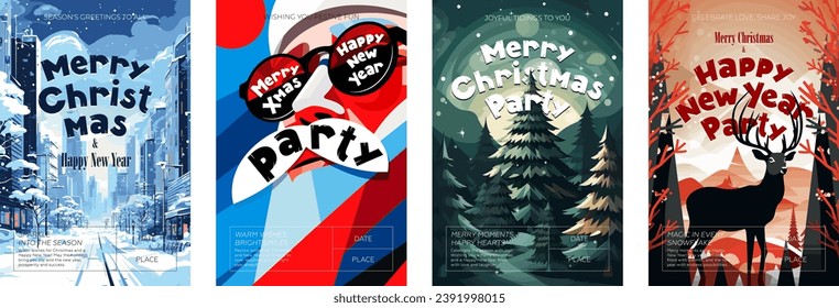 Merry Christmas and Happy New Year party poster. Joyful holiday Xmas eve celebration vector placard. Reindeer in spruce forest and winter modern city. Print art graphic Santa Claus invite to celebrate