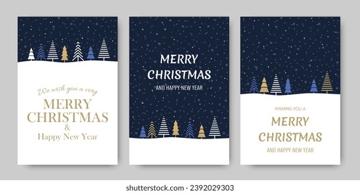 Merry Christmas and Happy New Year greeting cards, winter vector illustration for your design, Christmas landscape with fir trees on blue background.