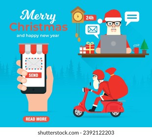Merry Christmas and Happy New Year concept design flat. Santa mail, online greeting. Vector illustration