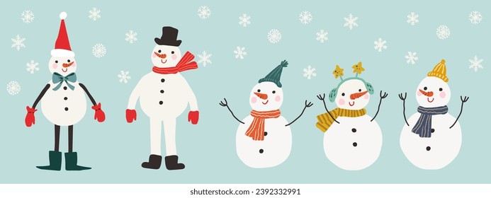 Merry Christmas and Happy New Year banner. Christmas set with cute snowmen. Vector illustration