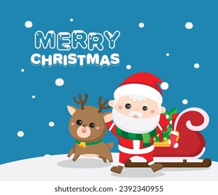 Merry Christmas and Happy New year greeting card with cute Santa Claus and reindeer stand front of gift boxes in sleigh ride on blue background.