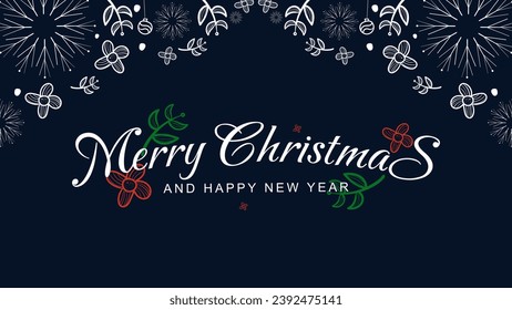 Merry Christmas and happy new year text typography design with hand drawn leaves, flowers, snow flakes on a dark blue background for greeting cards, posters, social media posts. Vector illustration