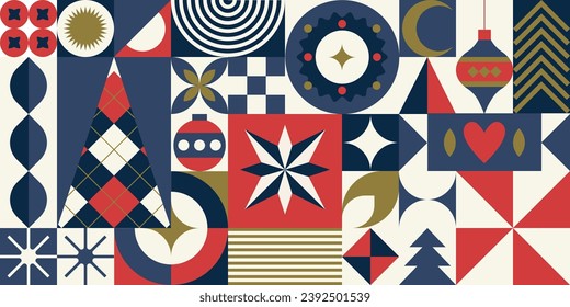 Merry Christmas and Happy New Year geometric seamless pattern for wrapping, pack paper, greeting cards, posters. Vector abstract winter background. Neo geo art.