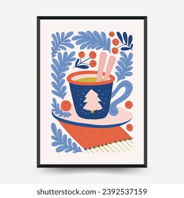 Merry Christmas and Happy New Year vertical flyer or poster template. Modern trendy Matisse minimal style. Hand drawn design for wallpaper, wall decor, print, postcard, cover, template, banner.