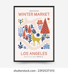 Merry Christmas and Happy New Year vertical flyer or poster template. Modern trendy Matisse minimal style. Hand drawn design for wallpaper, wall decor, print, postcard, cover, template, banner.