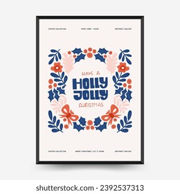 Merry Christmas and Happy New Year vertical flyer or poster template. Modern trendy Matisse minimal style. Hand drawn design for wallpaper, wall decor, print, postcard, cover, template, banner.