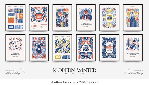 Merry Christmas and Happy New Year vertical flyer or poster template. Modern trendy Matisse minimal style. Hand drawn design for wallpaper, wall decor, print, postcard, cover, template, banner.