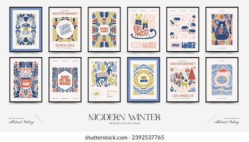 Merry Christmas and Happy New Year vertical flyer or poster template. Modern trendy Matisse minimal style. Hand drawn design for wallpaper, wall decor, print, postcard, cover, template, banner.