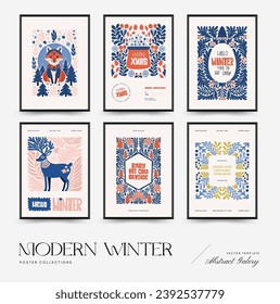 Merry Christmas and Happy New Year vertical flyer or poster template. Modern trendy Matisse minimal style. Hand drawn design for wallpaper, wall decor, print, postcard, cover, template, banner.