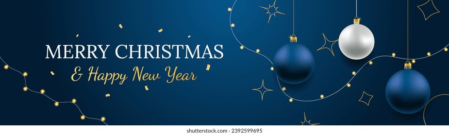 Merry Christmas and Happy New Year vector banner. Realistic rose gold and blue baubles, snowflakes hanging on dark blue background with realistic garland and confetti. Background gold Christmas icon