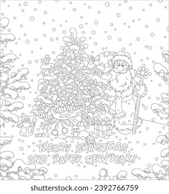 Merry Christmas and happy New Year card with Santa Claus holding his gift bag and a magical staff looking out from behind a decorated fir tree, black and white vector cartoon illustration