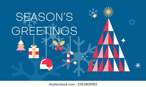 Merry Christmas and happy new year greeting card with Christmas tree and Christmas festive elements. Holiday banner, web poster, flyer, stylish brochure, greeting card, cover. Xmas background. 