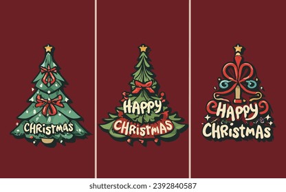 Merry Christmas and Happy New Year Set of greeting cards, posters, holiday covers. Xmas Design with beautiful snowflakes in modern line art style on red background. Christmas tree, border frame, decor