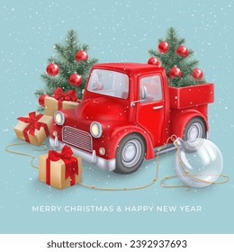 Merry Christmas and Happy New Year greeting card with red toy truck car with Christmas tree, gift box, glass ball and garland