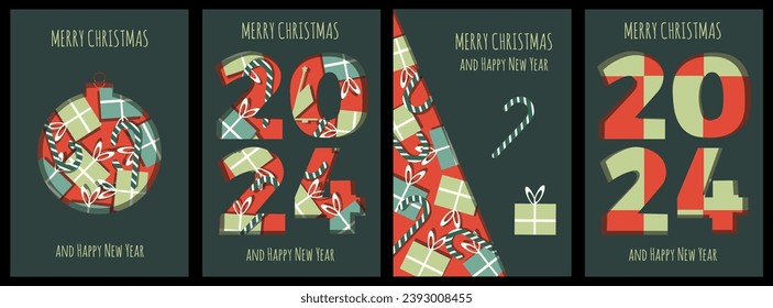 Merry Christmas and Happy New Year set greeting cards, posters, holiday backgrounds cover. Xmas templates with typography 2024 number in modern geometric style for web site, social media, print