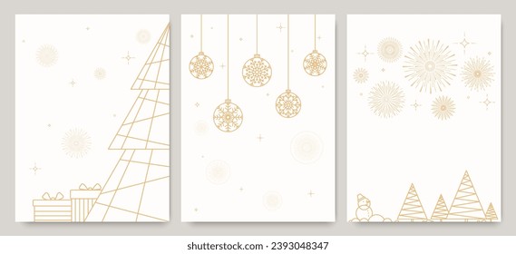 Merry Christmas and Happy New Year set of backgrounds, greeting cards, posters, website banners. Christmas templates in minimalist linear style in gold color with hanging balls, fir trees, gifts.