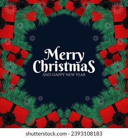 Merry christmas and happy new year poster with garlands, snowflakes and gift boxes on dark blue background. Vector illustration