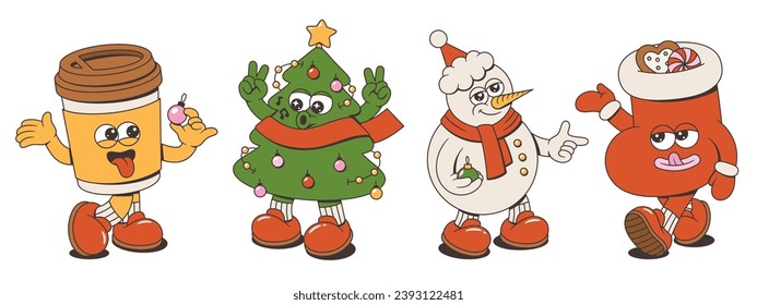 Fröhliche Weihnachten- und Happy New Year Kollektion. Weihnachtsbaum, Schneemann, Weihnachtssock, Kaffee im trendigen Retro-Stil. Groovy Cartoon-Figuren.