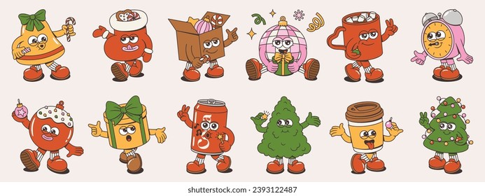 Merry Christmas and Happy New Year collection. Tree, Santa Claus, cocoa, xmas sock, coffee, soda, gift, balls, bell of trendy retro mascot style. Groovy cartoon characters.