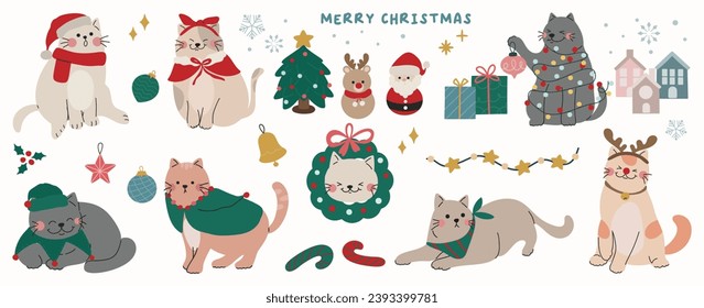 Merry christmas and happy new year concept background vector. Collection drawing of cute cat with decorative scarf, hat, wreath. Design suitable for banner, invitation, card, greeting, banner, cover.