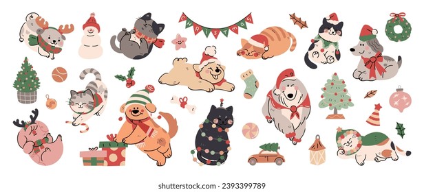 Feliz Navidad y feliz vector de fondo del concepto de año nuevo. Dibujo de una colección de perros y gatos adorables con bufanda decorativa, sombrero. Diseño adecuado para banner, invitación, tarjeta, saludo, banner, portada.