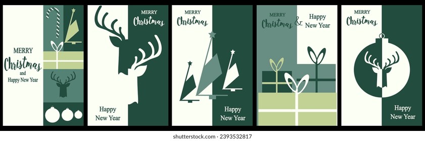 Feliz Navidad y Feliz Año Nuevo set tarjetas de felicitación, afiches, fondos de vacaciones de cobertura. Plantillas de navidad con tipografía en estilo geométrico minimalista moderno para sitio web, medios sociales, impresión