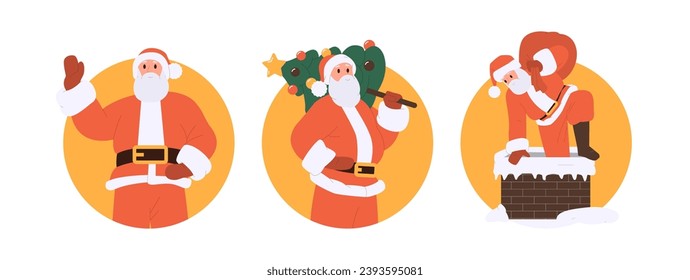 Merry Christmas and Happy New Year isolated round icon composition set with funny Santa Claus