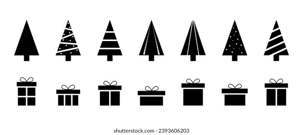Merry Christmas and Happy New Year. Collection of fir trees, gift boxes. Black and white design. Simple signs, symbols. Vector illustration
