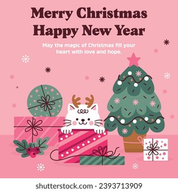 Merry Christmas and Happy New Year, greeting cards, posters, holiday covers. Colorful modern Christmas design, green, red, yellow and white. Christmas tree, balls, spruce branches, gift elements.