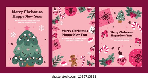 Merry Christmas and Happy New Year, greeting cards, posters, holiday covers. Colorful modern Christmas design, green, red, yellow and white. Christmas tree, balls, spruce branches, gift elements.