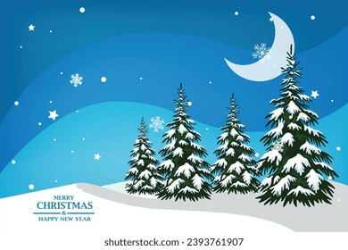 Merry Christmas and Happy New Year card: Christmas trees and a winter snow view 