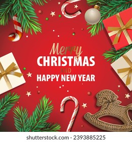 Merry Christmas and Happy New Year poster with gift box, candy stick, rocking horse, pine tree branch and holiday decor on red background, vector illustration