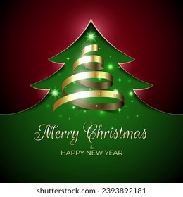 Merry christmas and happy new year. Shiny golden ribbon christmas tree. New year design for invitation, greeting card, calendar. Shiny gold. Holiday greeting card. Party event decoration, vector