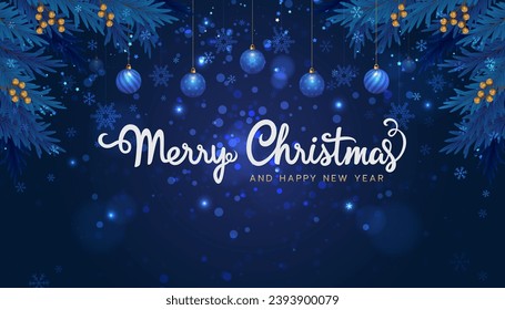 Merry Christmas and happy new year on dark blue background. Christmas letters, Gift boxes, Christmas balls. Christmas element for web, banners, greeting card, template design. Vector EPS10.