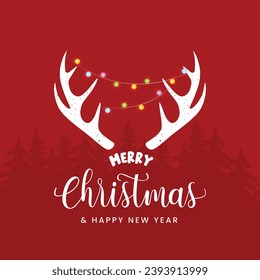 Merry Christmas and Happy New Year Greeting Card with Reindeer Horns and Festive Lighting