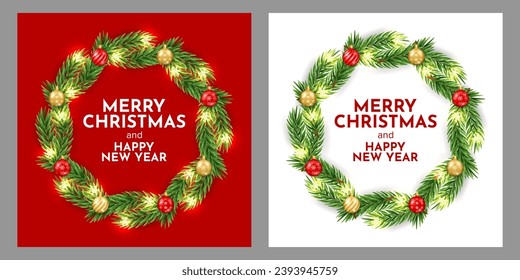 Merry Christmas and Happy New Year greeting with xmas  branch, balls,  snowflakes. For sale, banner, posters, cover design templates, social media wallpaper stories