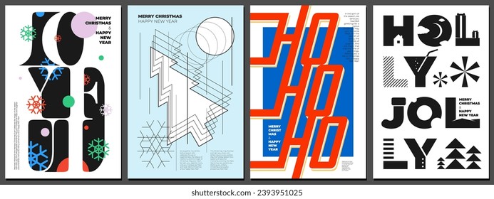 Merry Christmas and Happy New Year abstract graphic bauhaus and brutalism style poster. Modern minimalistic celebration decoration banner. Trendy retro geometric placard. Postmodern y2k art cover. Eps