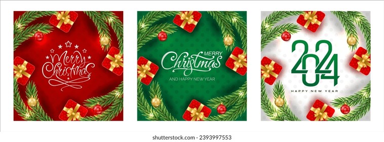 Merry Christmas and Happy New Year greeting with Christmas branch, balls, snowflakes. For sale, banner, posters, cover design templates, social media wallpaper stories