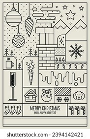 Merry Christmas and Happy New Year greeting card templates with festive decorations and holiday attributes drawn in line art style - deer, snowflakes, decorated spruce, gifts. Vector illustration.