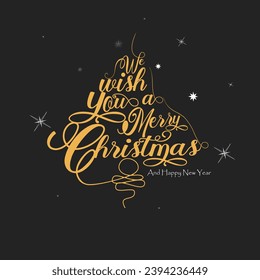 Merry Christmas and Happy New Year lettering template. Greeting card invitation with golden snowflakes, Winter holidays related typographic quote. Vector vintage illustration.