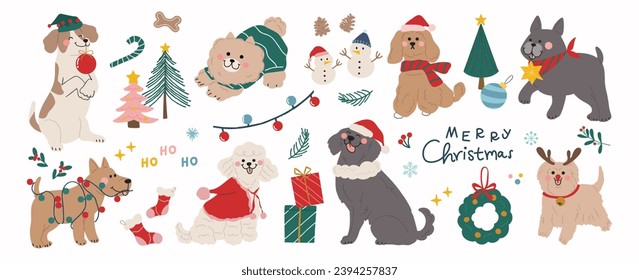 Merry christmas and happy new year concept background vector. Collection drawing of cute dogs with decorative scarf, ribbon, hat. Design suitable for banner, invitation, card, greeting, banner, cover.